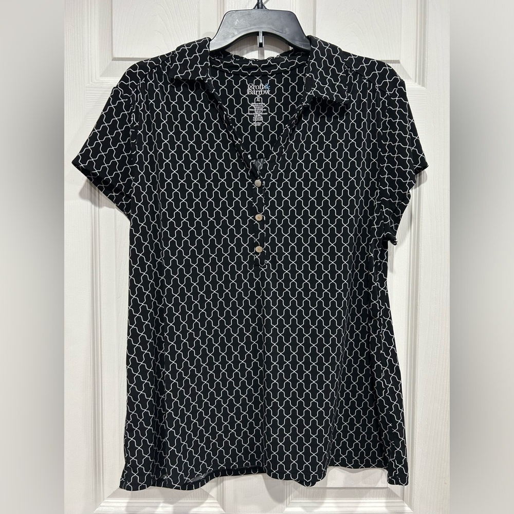 Croft & Barrow Women's XL Shirred Shoulder Popover Black White EUC Shirt Blouse